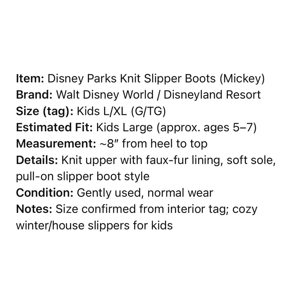 Disney Mickey Mouse Slipper Boots Kids Large XL Striped Knit Faux‎ Fur Lined